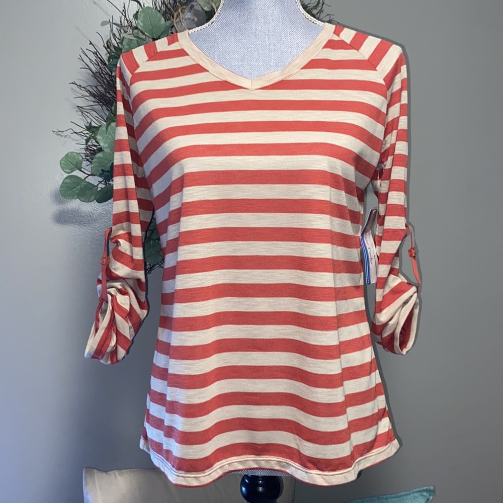 Kate Parks lightweight vee neck long sleeve horizontal striped tee rust PL NWT